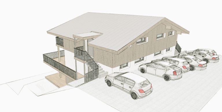 Visualisierung des renovierten Wohnhauses in Bruck an der Großglocknerstraße, mit modernisierter Fassade und erweiterten Balkonen.