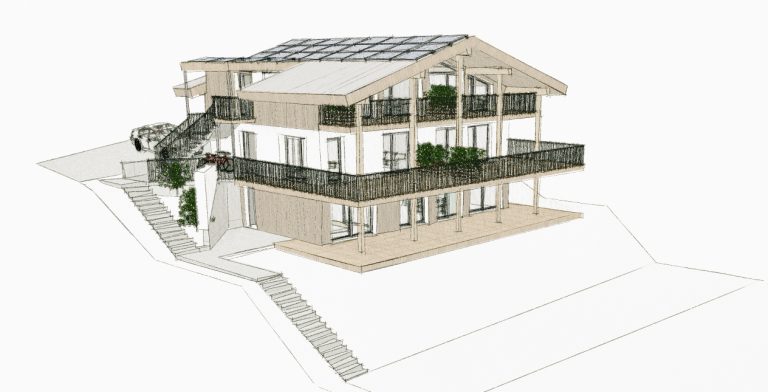 Visualisierung des renovierten Wohnhauses in Bruck an der Großglocknerstraße, mit modernisierter Fassade und erweiterten Balkonen.